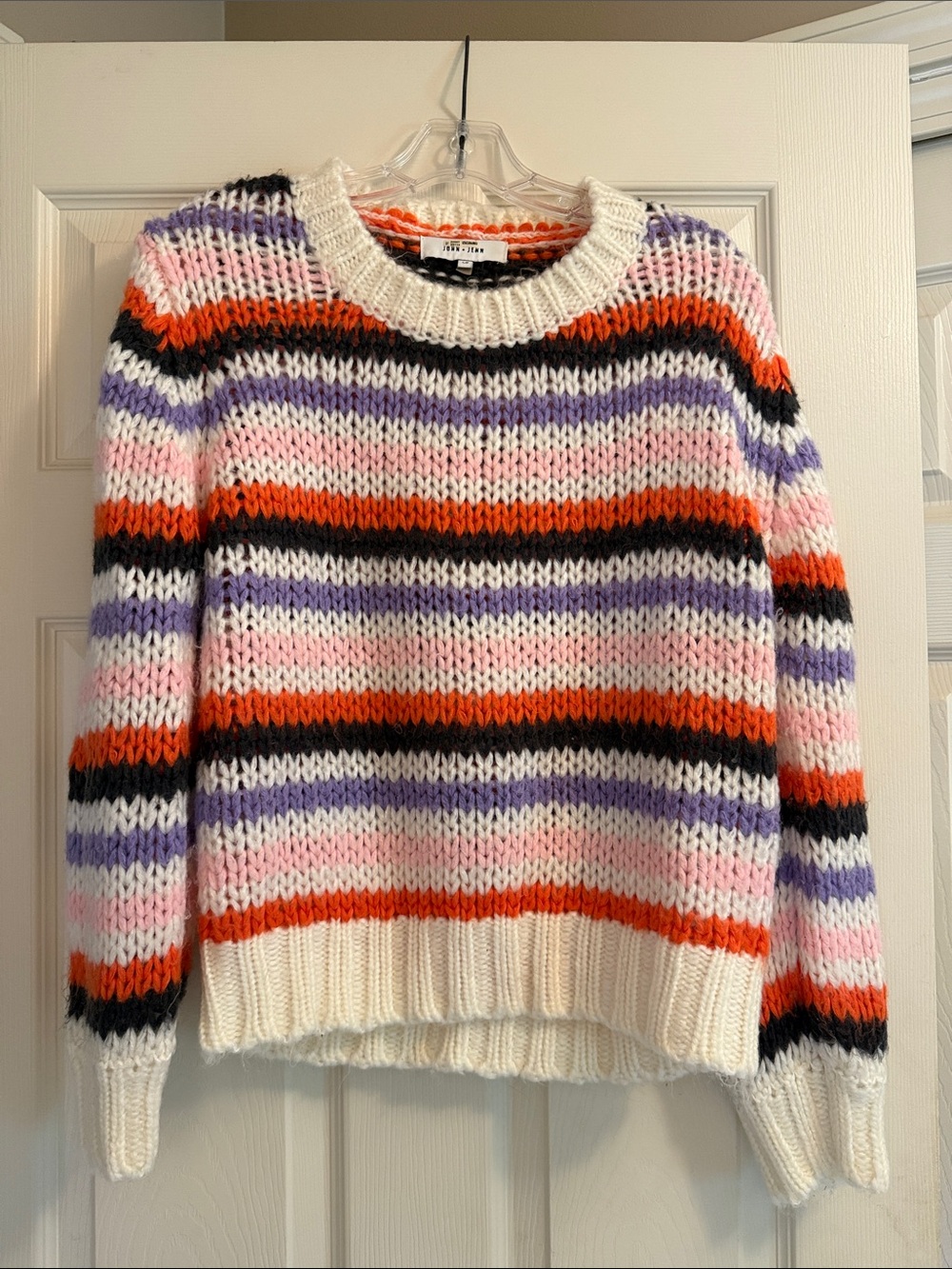 John + Jenn Cream Striped Crewneck Sweater with Pink, Purple, Orange & Black